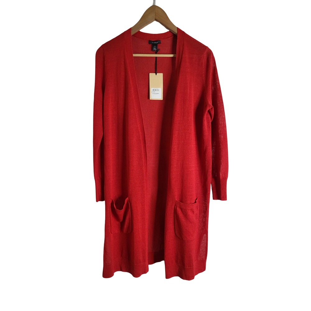 Halogen Red Linen Blend Open Front Longline Cardigan Sweater PS NWT Boho-Chic